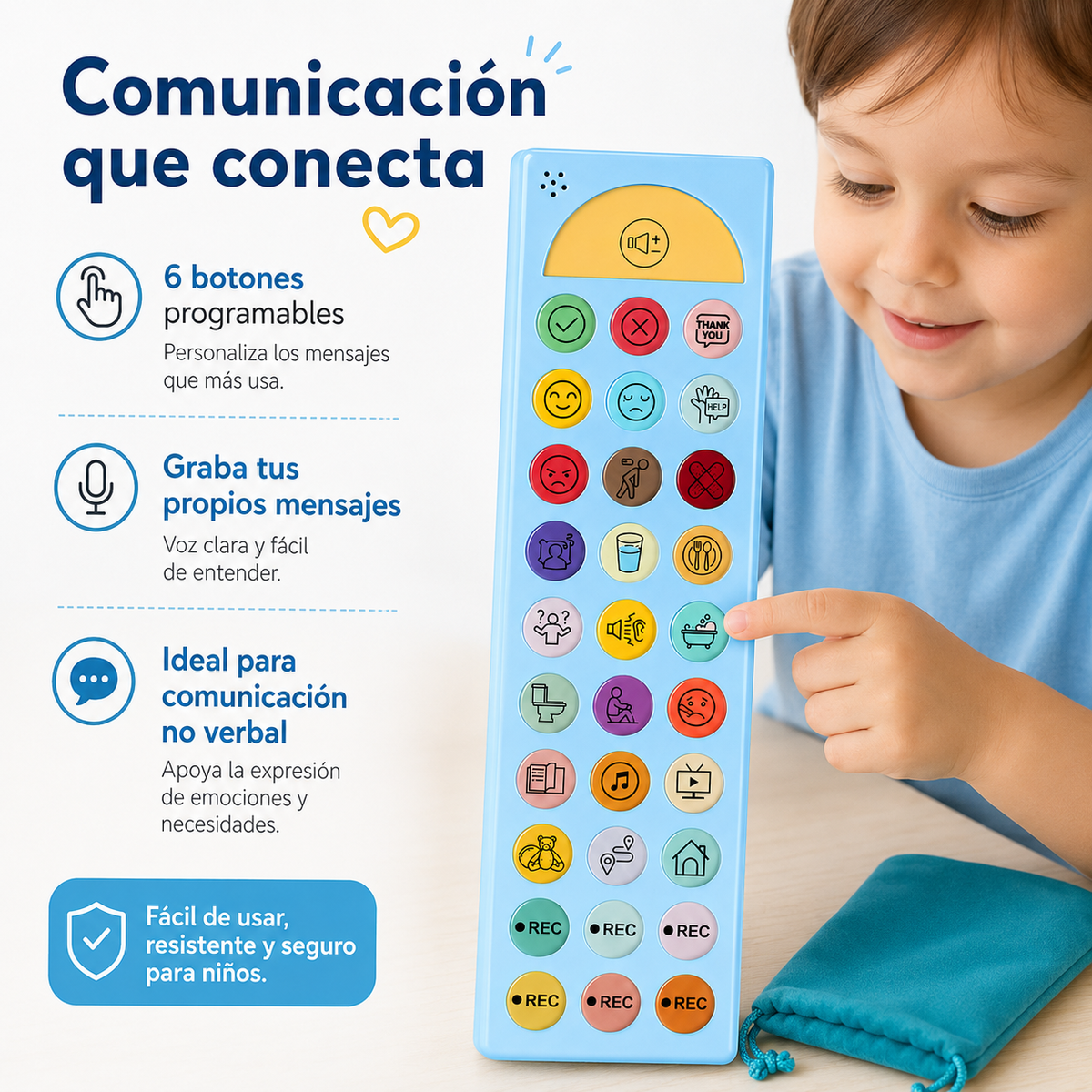 Dispositivo de comunicación CAA programable con 24 botones y 6 botones grabables

Dispositivo de comunicación CAA para mensajes de voz personalizados

Dispositivo de comunicación con botones programables para niños y adultos

Dispositivo de comunicación oral CAA con botones personalizables

Dispositivo de comunicación CAA grabable con múltiples botones de voz

Dispositivo de comunicación asistida con botones de grabación programables

Dispositivo CAA portátil para comunicación personalizada

Dispositivo edu