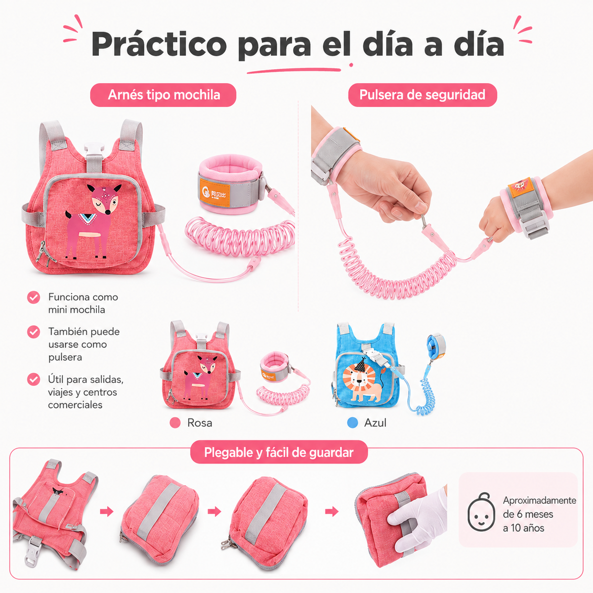 Arnés de Seguridad Infantil 2 en 1 con Mochila y Pulsera de Seguridad Ajustable